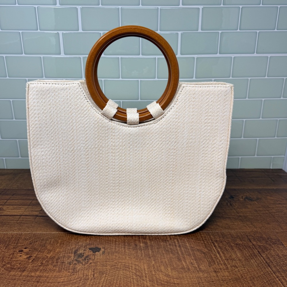Boho Woven Versatile Straw Satchel/Hand/Shoulder Bag Wood Ring Handles - Picture 4 of 16